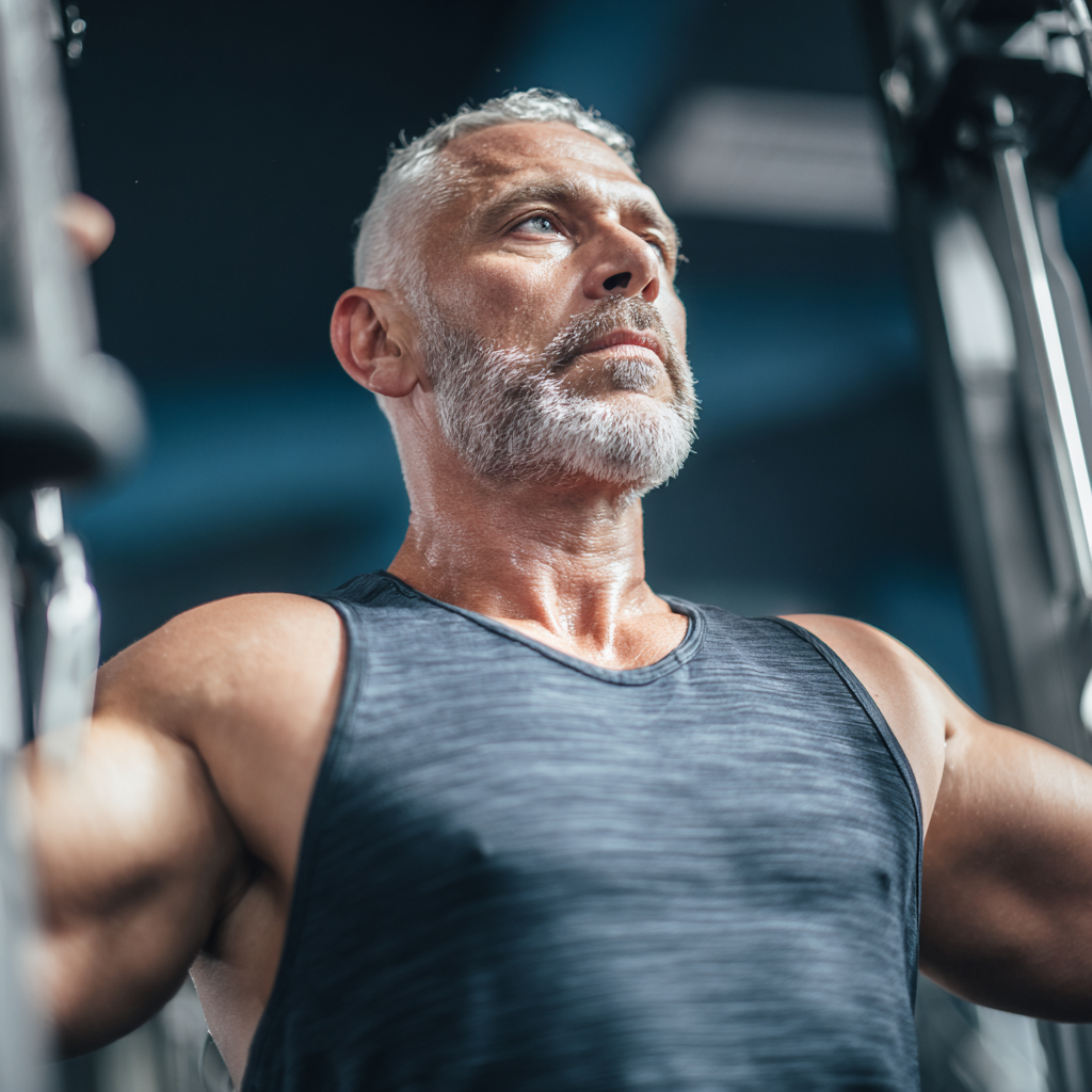 Middle-aged adult doing strength training with professional equipment in modern gym